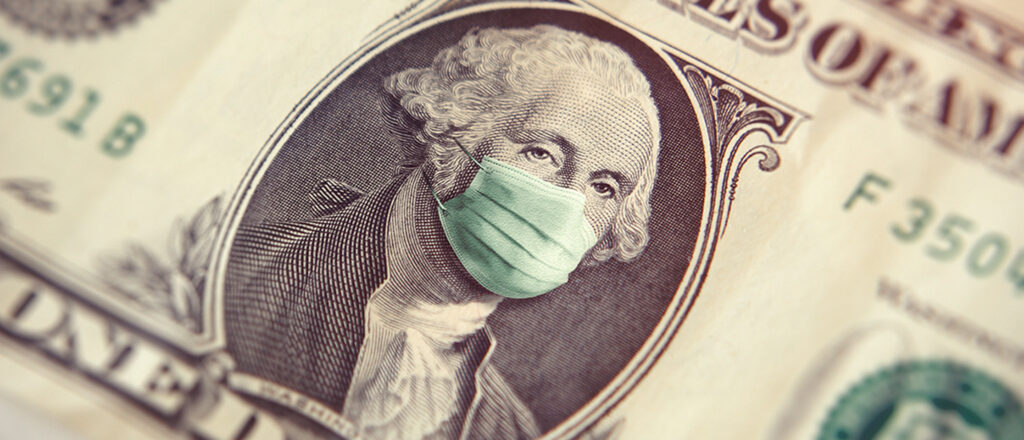 Detailed close-up of a dollar bill with George Washington wearing a surgical mask