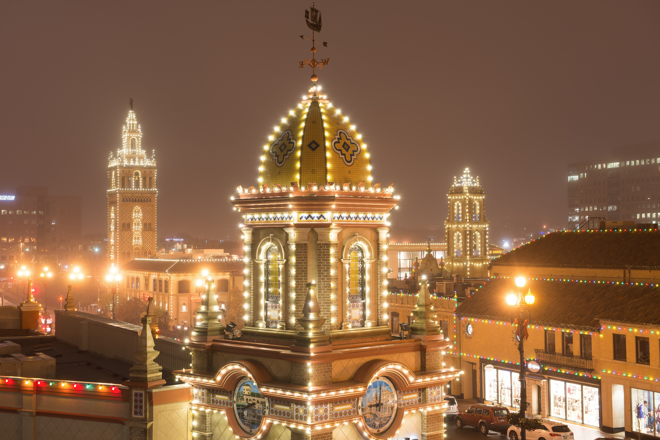 Country Club Plaza in Kansas City, Missouri, lit up with holiday lights at Christmas time