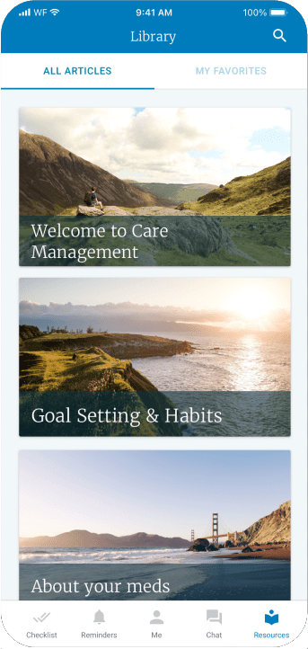 Screenshot within a phone frame of resource titles overlaid landscape backgrounds