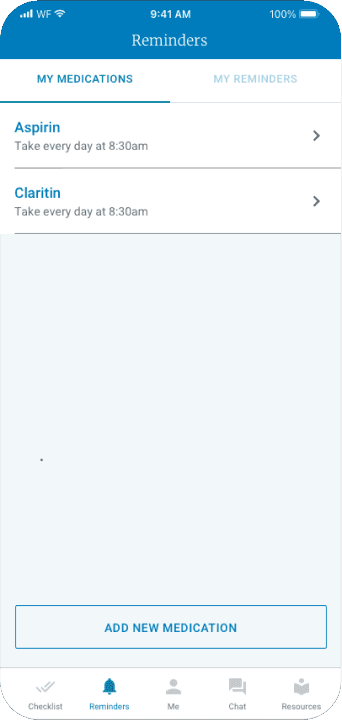 Screenshot within a phone frame of medications and reminders in a tab format
