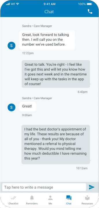 Screenshot within a phone frame of a chat thread with a care manager